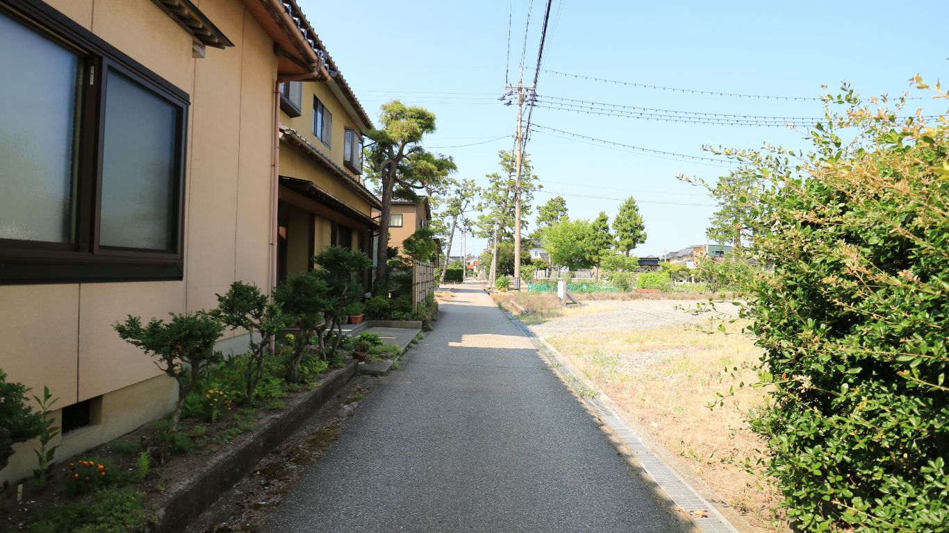 土地の北西側前道で南西から北東を見た景色