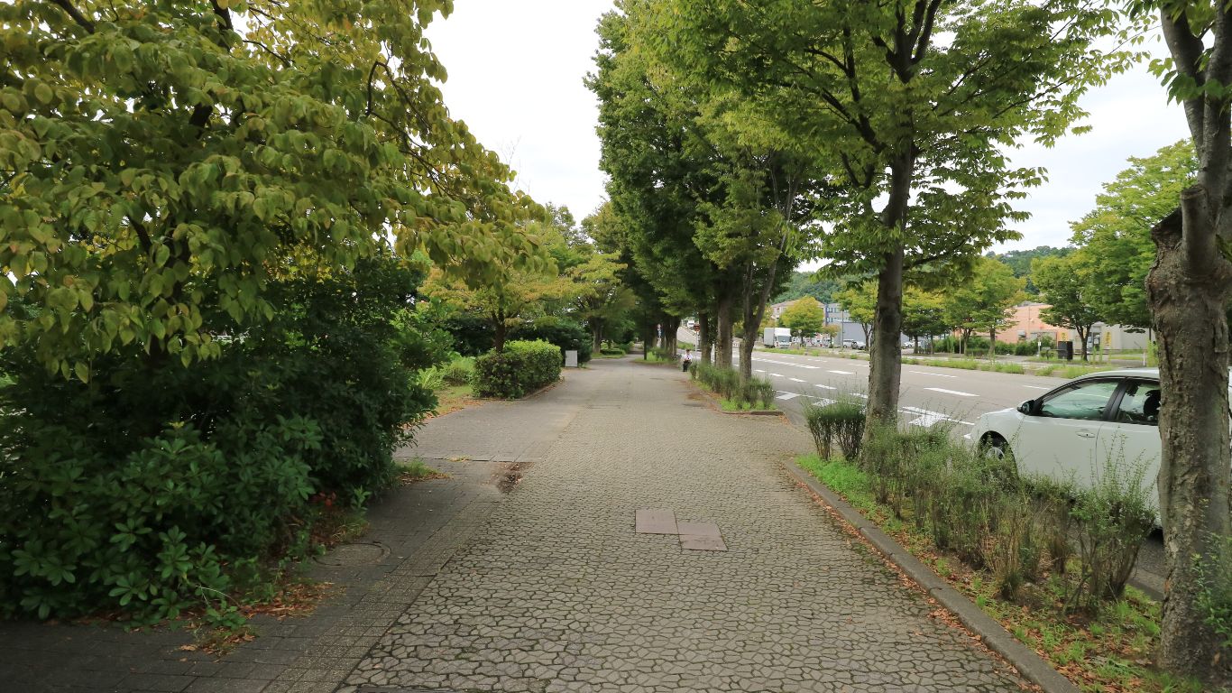 北東側前面道歩道を南東から北西向きに見た景色